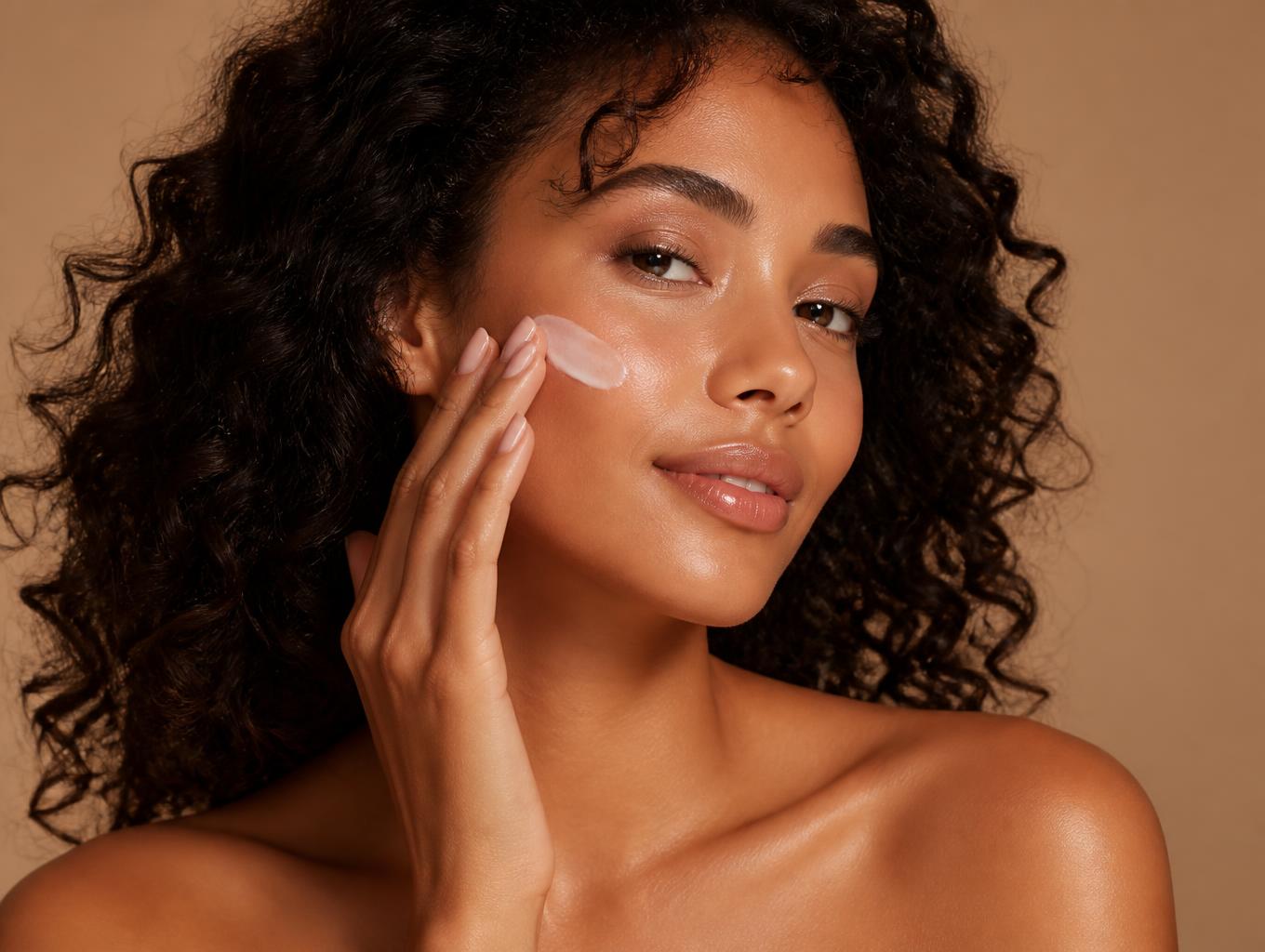 Model applying luxurious skincare cream to her cheek